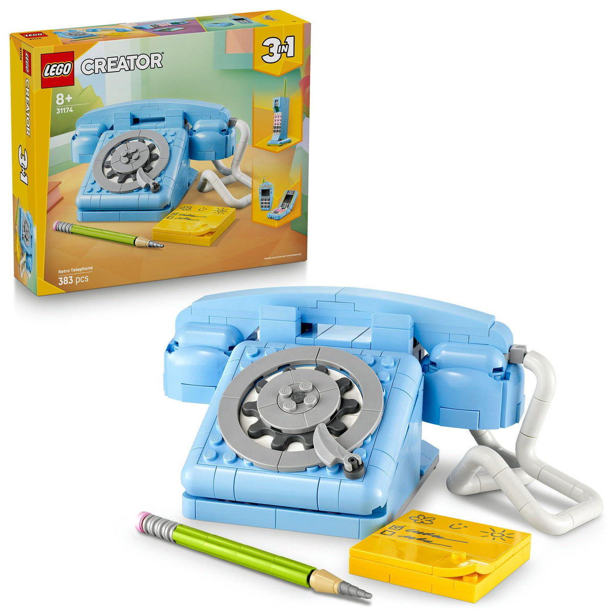 31174 LEGO Creator 3in1 Retro Telephone Toy with Rotary Dial - Transforms into a 1980s Model or 2 Mobile Phones from the 2000s - Creative Gift for 8+ Year Old Girls & Boys